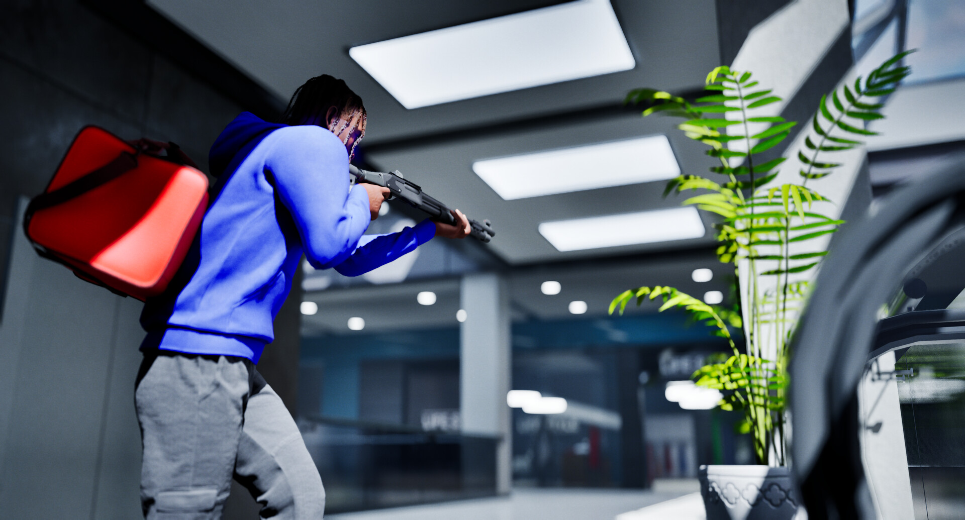 Personaje con bolsa roja apuntando con un arma dentro de un edificio en Hood Warfare 2.
