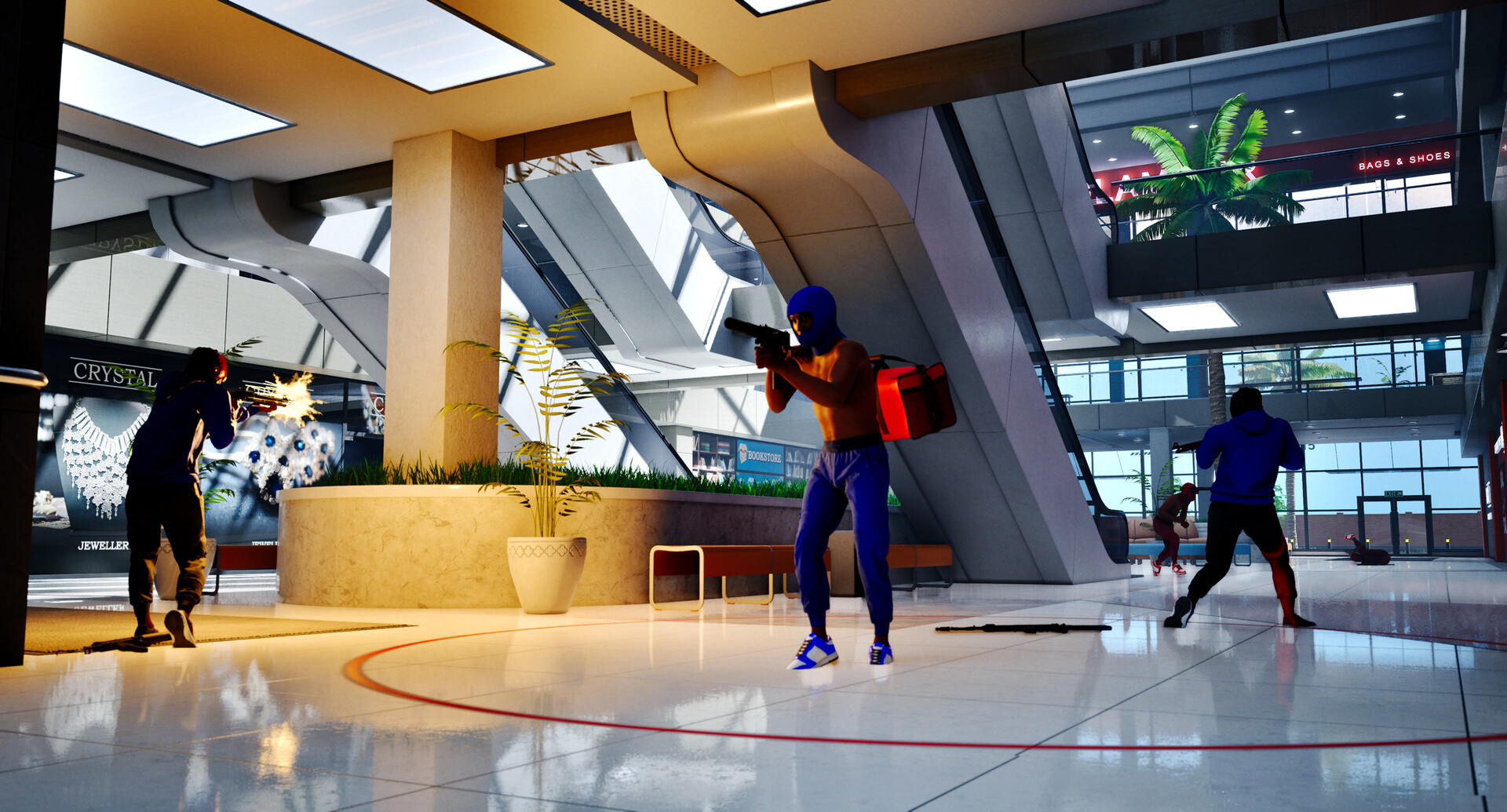 Characters exchanging fire inside a shopping mall in Hood Warfare 2.