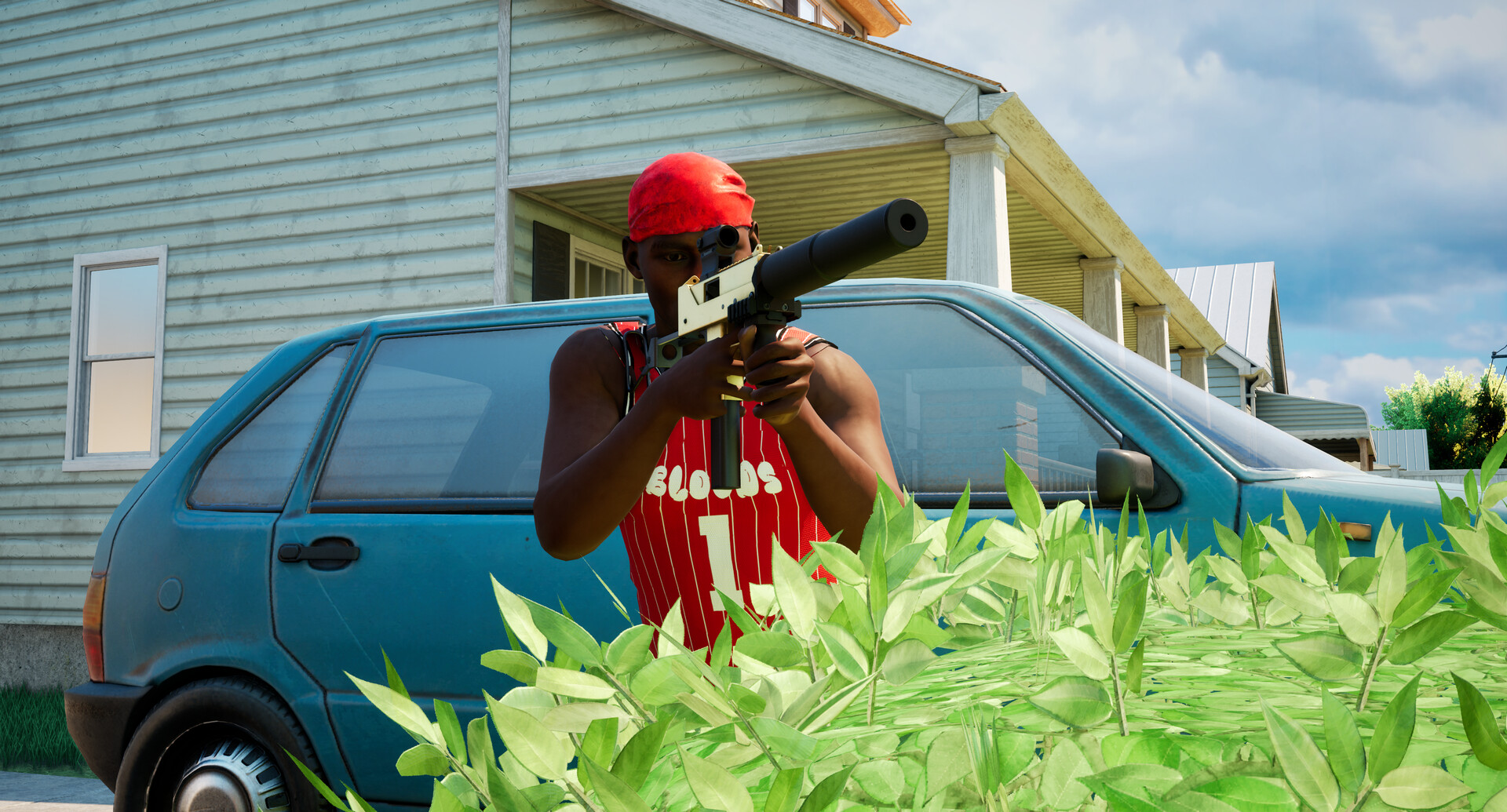 Personagem de boné vermelho com arma e silenciador ao lado de um carro em Hood Warfare 2.