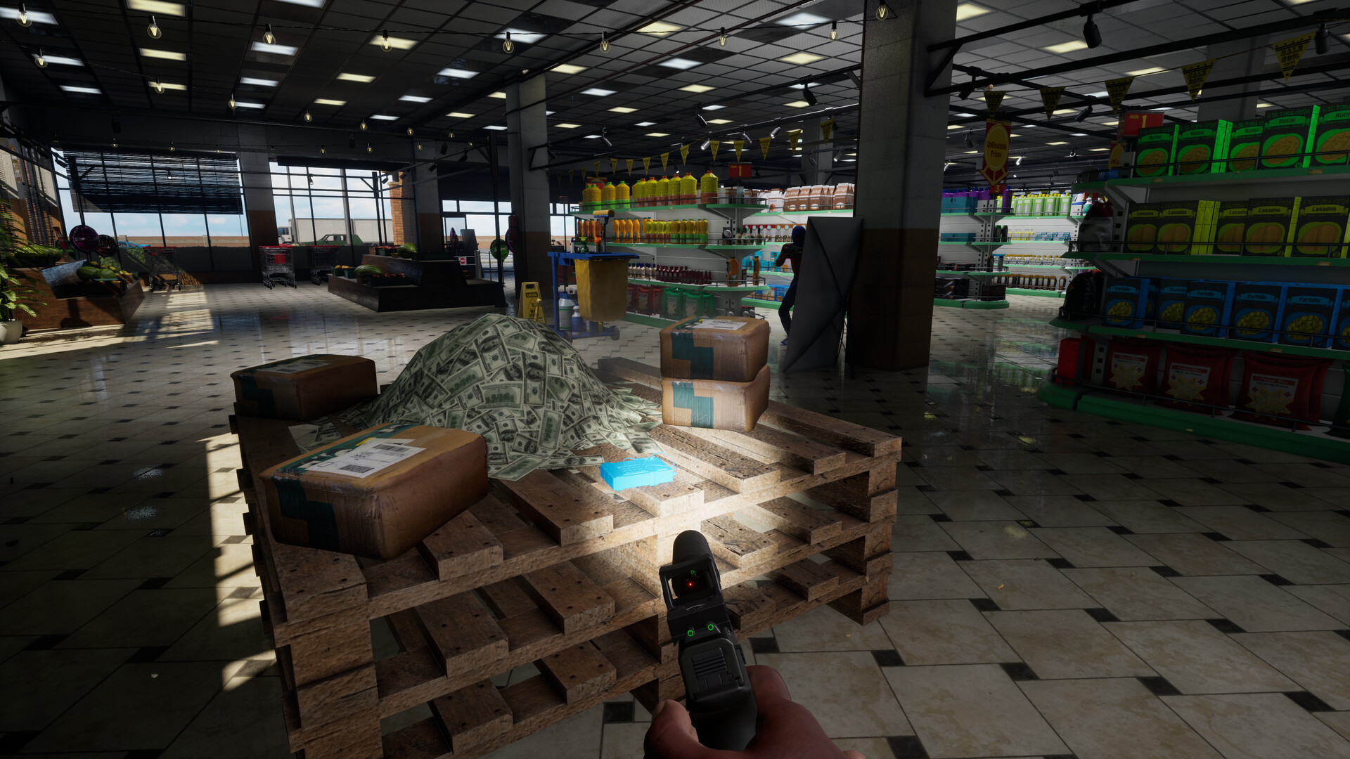 Egoansicht mit Pistole zwischen Regalen und Kisten in einem Laden in Hood Warfare 2.